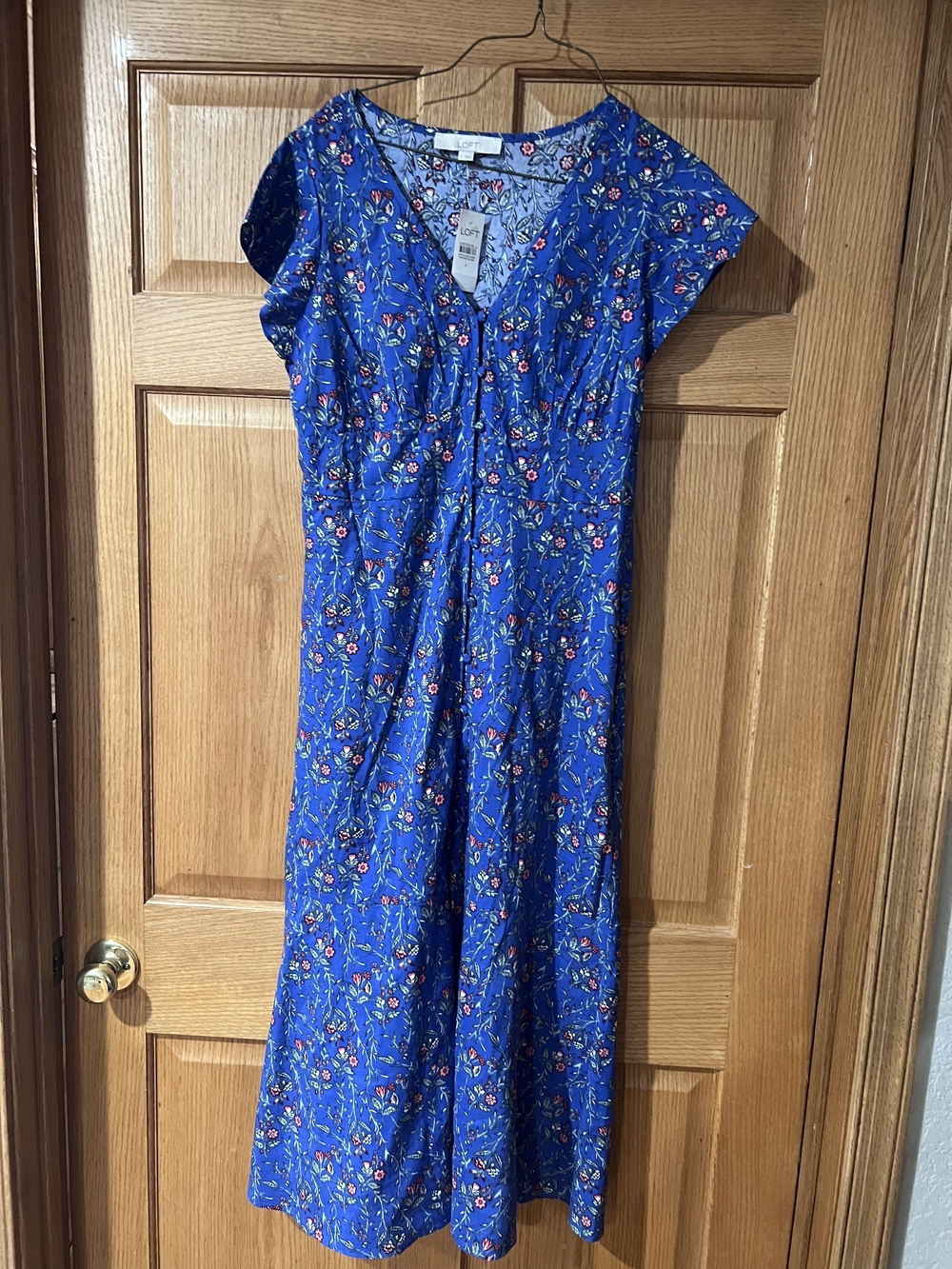 LOFT Cobalt Blue Floral V-Neck Midi Dress